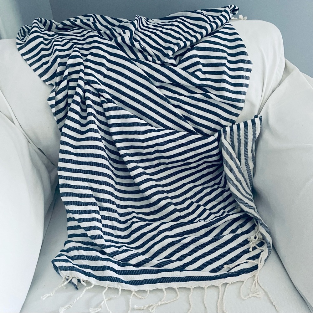 Gold Case Blue and White Stripe Turkish fringe Cotton Peshtamel Towel Wrap - Picture 6 of 16